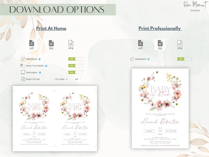 Peut inclure: Invitation de f&ecirc;te pr&eacute;natale imprimable avec un design de couronne florale. L'invitation indique "Baby in Bloom" et comprend le nom "Hannah Robertson" et la date "Dimanche 30 juillet &agrave; 11h00".