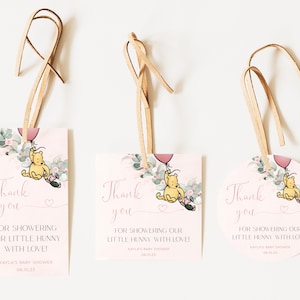 Winnie the Pooh Baby Shower Favor Tags, Editable Girl Baby Shower Favor Tag Template, Pink Pooh Bear Baby Shower Thank You Tags Download