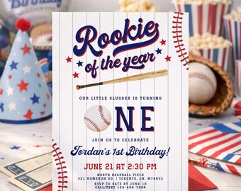 Rookie of the Year First Birthday Invitation, Baseball 1st Birthday Invitation Template, Rookie Year Invite, Boy 1st Birthday Canva Invite