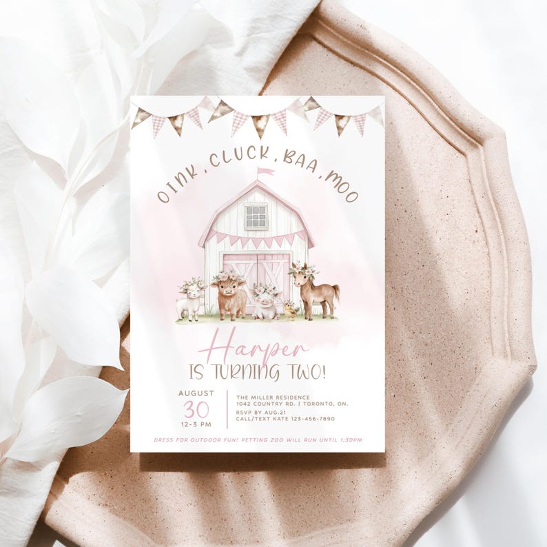 Floral Farm Birthday Invitation, Pink Farm Animal Birthday Invitation Template, Boho Farm Birthday Invite, Girl 2nd Birthday Digital Evite image 8