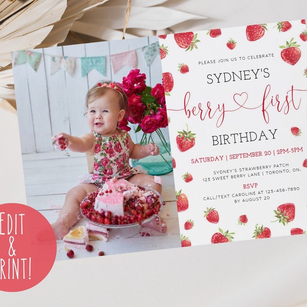 Berry First Birthday Invitation, Printable Strawberry 1st Birthday Invite, Photo Birthday Invite Template, Horizontal Girl Birthday Evite