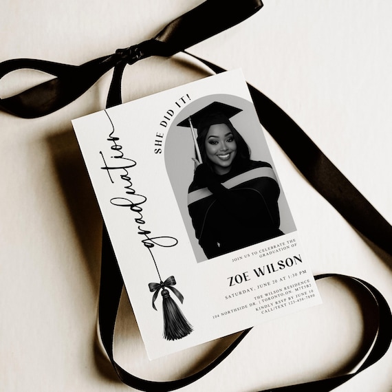 Graduation Invitation Template, Class of 2026 Grad Announcement with Photo, Black Tassel Bow Graduation Invite, Modern She Did It Invitation