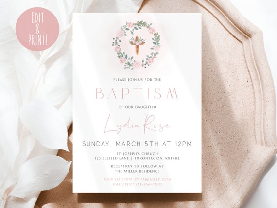 Pink Girl Baptism Invitation Template, Editable Dusty Rose Christening Invite, Floral Blush Pink Baby Girl Baptism Invite Digital Download