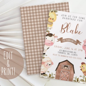 1er anniversaire ferme Invitation, 1er anniversaire sexe neutre, ferme numérique inviter, enfants basse-cour anniversaire, carte d’Invitation fête animaux de la ferme