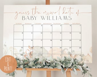 Op de afbeelding: Een printbare kalender met een herfstthema, met pompoenen en bladeren. De kalender heeft de titel "raad het aankomstdatum van BABY WILLIAMS" en heeft data van 29 september tot en met 4 oktober.
