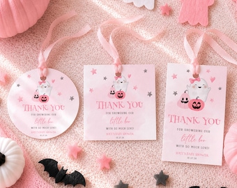 Little Boo Baby Shower Favor Tags Template, Girl Halloween Thank You Tags, Printable Ghost Baby Shower Labels, Pink Spooky Gift Tag Download