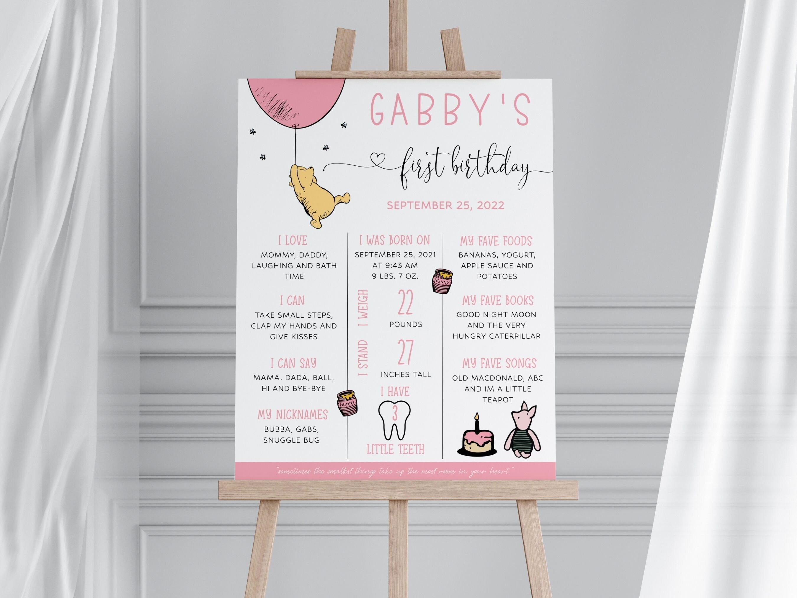 Winnie the Pooh 1st Birthday Milestone Board Template, Girl Birthday ...