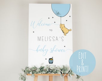 Modello di cartello di benvenuto per baby shower di Winnie The Pooh, segnaletica stampabile blu per baby shower di Winnie The Pooh Boy, tabellone di benvenuto modificabile dell'orso di Pooh