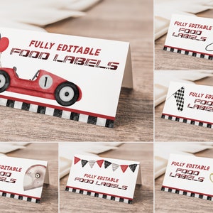 Étiquettes de nourriture Fast One Birthday, Cartes de nourriture modifiables pour fête d'anniversaire de garçon de course, Tentes de nourriture de voiture de course, Modèle d'étiquette de dessert pour fête de voiture de course pour enfants