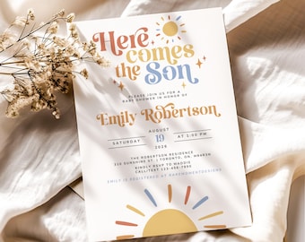 Here Comes the Son Baby Shower Invitation, Editable Sunshine Baby Shower Invite, Boho Sun Boy Baby Shower, Canva Template (Digital Download)
