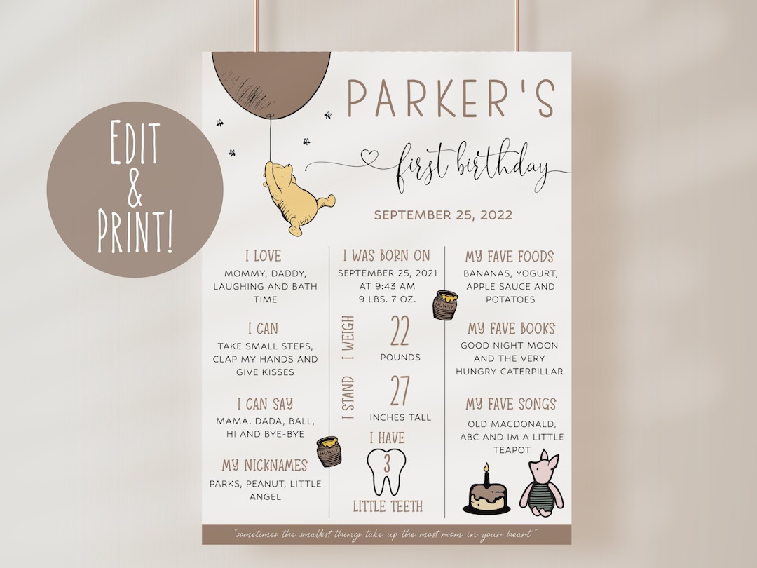 Winnie the Pooh 1st Birthday Milestone Board Template, Birthday ...
