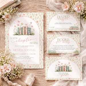 May include: A baby shower invitation suite with a floral and book theme. The invitation features the text "A New Chapter Begins" and event details. Coordinating cards include a diaper raffle, books for baby, and thank you cards. Soft pink and green colors.