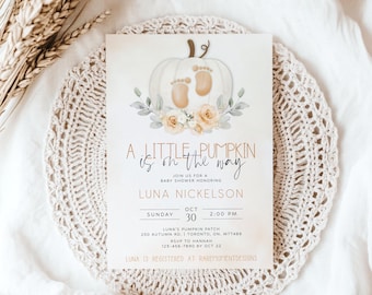 May include: A baby shower invitation with a pumpkin and baby footprint design. The text reads "A Little Pumpkin is on the Way" with event details, including the date, time, and location. The invitation is on a cream-colored background.