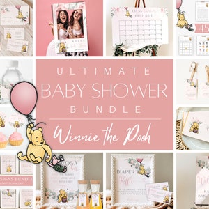 Winnie the Pooh Baby Shower Bundle, Winnie the Pooh Girl Baby Shower Invitation Set, Blush Pink Pooh Bear Shower Decor, Pooh Baby Shower Kit