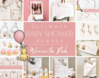 Winnie the Pooh Baby Shower Bundle, Winnie the Pooh Girl Baby Shower Invitation Set, Blush Pink Pooh Bear Shower Decor, Pooh Baby Shower Kit