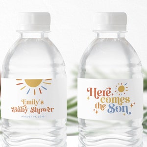 Etichette per bottiglie d'acqua per baby shower "Here Comes the Son", modello di etichetta per bottiglie d'acqua per baby shower "Sun", bomboniere per baby shower per bambini, Boho Sunshine Wrap