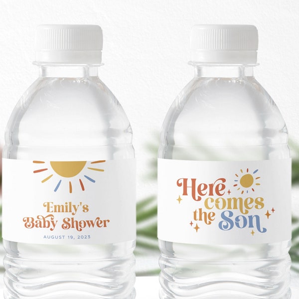 Here Comes the Son Baby Shower Water Bottle Labels, Sun Baby Shower Water Bottle Label Template, Boy Baby Shower Favors, Boho Sunshine Wrap