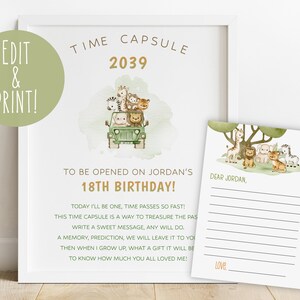 Safari 1e verjaardag tijdcapsule teken sjabloon, Wild One verjaardag baby's eerste tijdcapsule, jungle dieren tijdcapsule teken en kaart