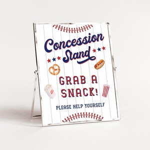 Cartello per il primo compleanno del principiante dell'anno, cartello per stand di concessioni, cartelli per tavoli per feste di compleanno a tema baseball, cartello stampabile per cibo e bevande da scaricare immagine 7