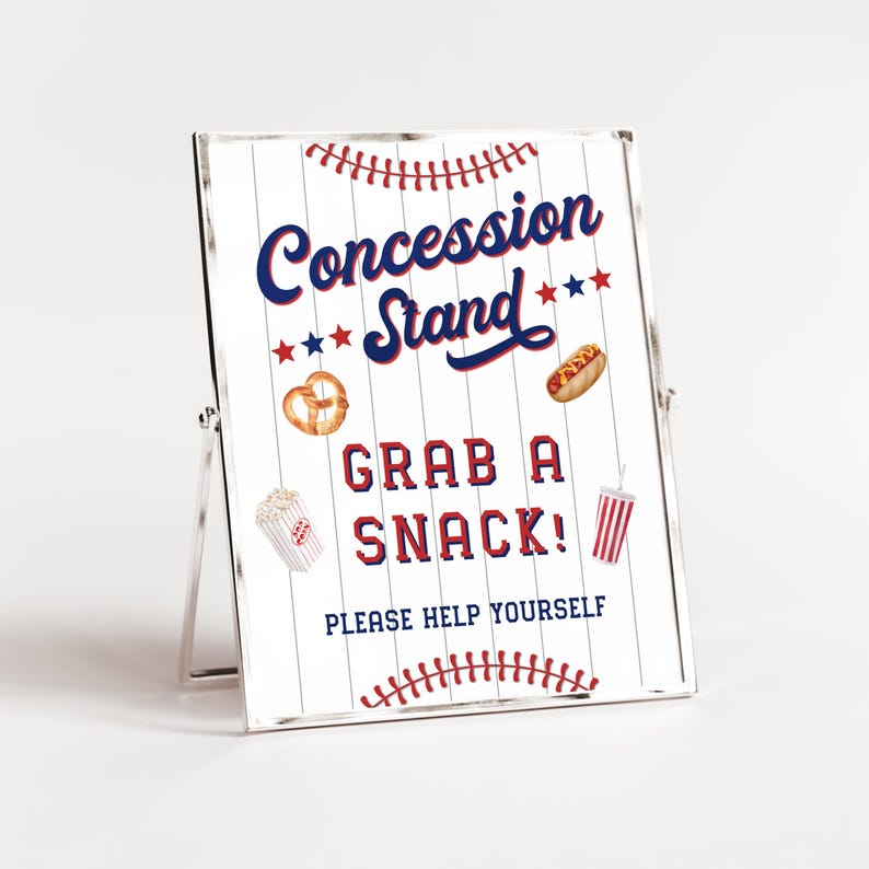 Cartello per il primo compleanno del principiante dell'anno, cartello per stand di concessioni, cartelli per tavoli per feste di compleanno a tema baseball, cartello stampabile per cibo e bevande da scaricare immagine 7