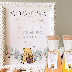 Classic Winnie The Pooh Baby Shower Mom-osa Bar Sign Template, Pink Winnie The Pooh Table Sign, Blush Floral Girl Baby Shower Mimosa Signage