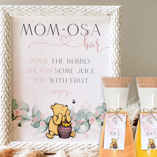 Classic Winnie The Pooh Baby Shower Mom-osa Bar Sign Template, Pink Winnie The Pooh Table Sign, Blush Floral Girl Baby Shower Mimosa Signage