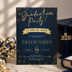 May include: Navy blue graduation party invitation with gold text and accents. The invitation reads "Graduation Party! Class of 2026" and includes the graduate's name, date, time, and location. A graduation cap with a 2026 charm is in the background.