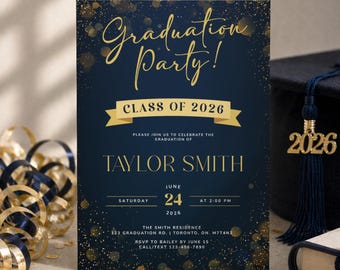 Modelo de convite para festa de formatura, convite digital para festa de formatura, convite para a turma de 2026, anúncio de formatura em azul marinho e dourado.