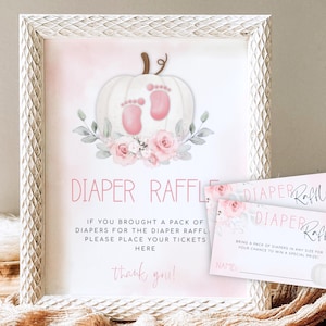 Kürbis-Babyparty-Windel-Gewinnspielzeichen, rosa Kürbis-Windel-Gewinnkarte, Baby-Herbst-Dusche-Zeichen, kleine Kürbis-Windel-Gewinnkarten