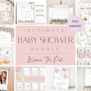 Classic Winnie The Pooh Baby Shower Invitation Bundle, Pink Winnie The Pooh Baby Shower Kit, Winnie The Pooh Girl Baby Shower Signs & Decor
