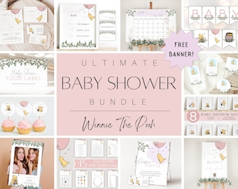 Classic Winnie The Pooh Baby Shower Invitation Bundle, Pink Winnie The Pooh Baby Shower Kit, Winnie The Pooh Girl Baby Shower Signs & Decor