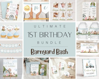 Blue Farm 1st Birthday Bundle, Boy Farm Animal Invitation Template, Boy Farm 1st Birthday Party, Printable Blue Barnyard Birthday Party Set