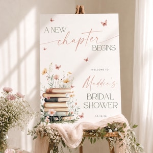 Panneau de bienvenue « Un nouveau chapitre commence », Panneau de bienvenue pour enterrement de vie de jeune fille « Un nouveau chapitre commence », Panneau de bienvenue inspiré d'un livre d'histoires, Affiche de bienvenue florale inspirée d'un livre