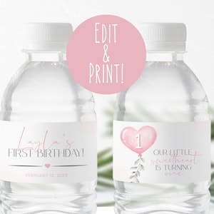 Our Little Sweetheart Is Turning One Water Bottle Labels, Editable Birthday Drink Label Template, 1st Birthday Favors, Printable Party Decor