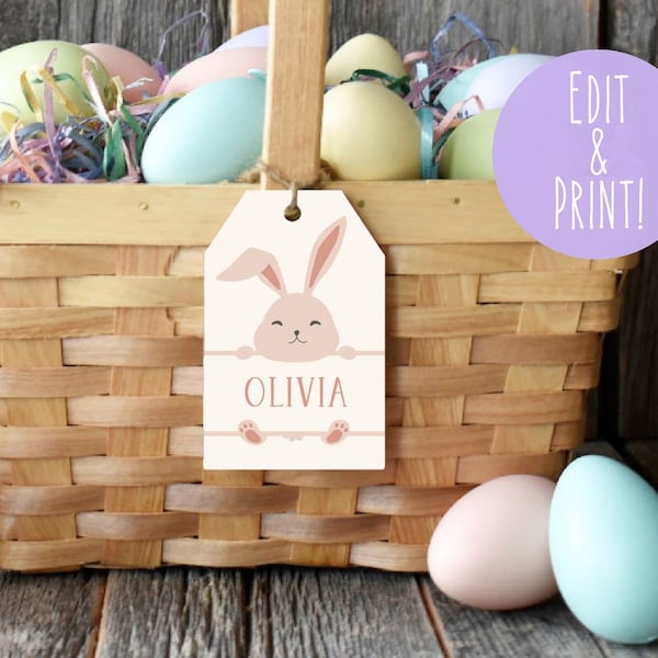 Easter Basket Tag, Printable Easter Basket Tags, Kids Easter Basket Name Tag, Editable Easter Gift Tags, Custom Easter Bunny Basket Tag DIY