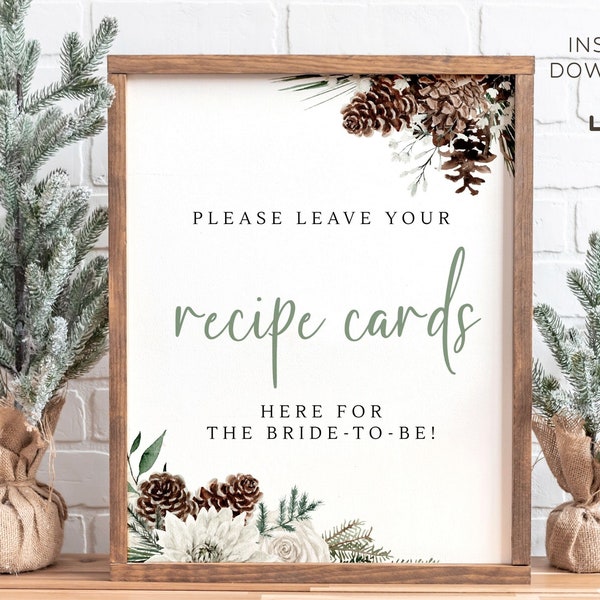 Winter Bridal Shower Recipe Card Sign, Recipe Cards Drop Off Sign, Printable Christmas Bridal Shower Sign, Pine Bridal Shower Decor Download