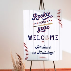 Placa de boas-vindas para o primeiro aniversário do novato do ano, modelo grande de placa de boas-vindas para o primeiro aniversário de beisebol, sinalização para festa de primeiro aniversário de menino para impressão