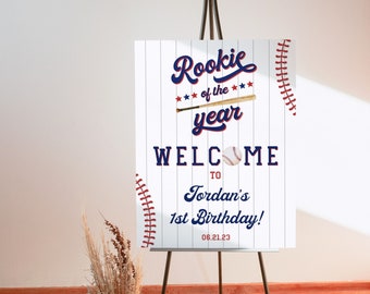 Rookie of the Year First Birthday Welcome Sign, Baseball 1st Birthday Large Welcome Sign Template, Printable Boy 1st Birthday Party Signage