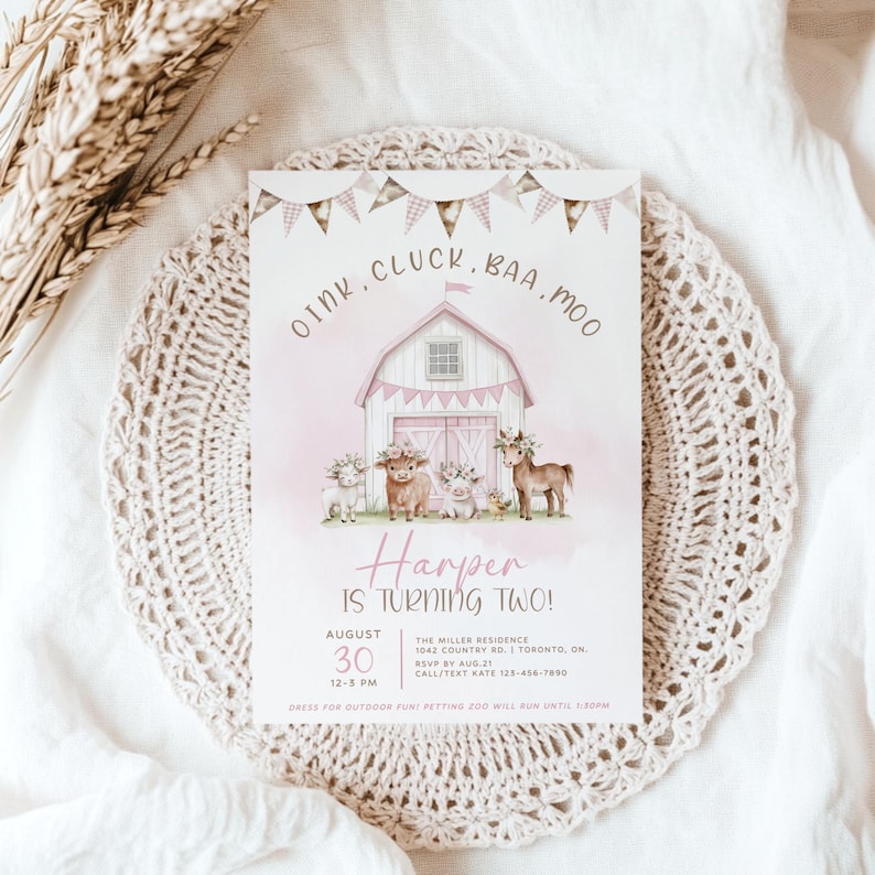 Floral Farm Birthday Invitation, Pink Farm Animal Birthday Invitation Template, Boho Farm Birthday Invite, Girl 2nd Birthday Digital Evite image 7