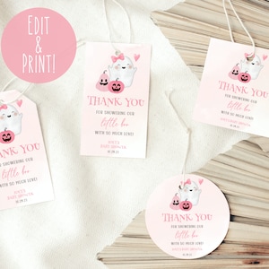 Plantilla de etiquetas de regalo para baby shower de Little Boo, etiquetas de agradecimiento de Halloween para niñas, etiquetas imprimibles para baby shower de fantasmas, descarga de etiquetas de regalo espeluznantes de color rosa