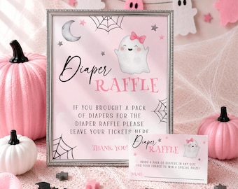 Windel-Verlosungsschild für die Babyparty „Little Boo“, rosa Halloween-Windel-Verlosungsvorlage, druckbares Windel-Verlosungslos für die Babyparty mit Geistermotiv zum Download