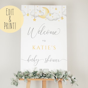 Moon and Stars Baby Shower Welcome Sign Template, Twinkle Twinkle Little Star Shower Welcome Board, Neutral Clouds Baby Shower Signage image 1