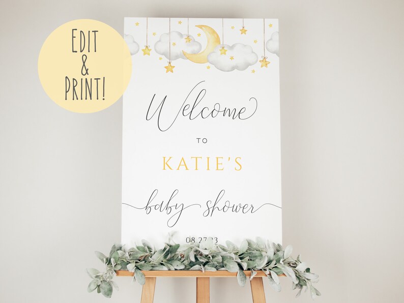 Moon and Stars Baby Shower Welcome Sign Template, Twinkle Twinkle Little Star Shower Welcome Board, Neutral Clouds Baby Shower Signage image 1