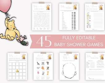 Winnie The Pooh Baby Shower Games Bundle, Pink Winnie the Pooh Baby Shower Activity, Printable Shower Game, Girl Baby Shower Bingo Game Pack
