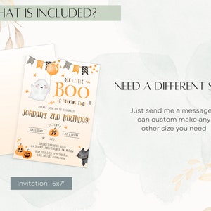 May include: A printable 5x7 inch invitation for a child's second birthday party. The invitation features a cartoon ghost with a balloon, a pumpkin, and a black cat. The text on the invitation reads "Our little Boo is turning two!" and "Jordan's 2nd Birthday!"
