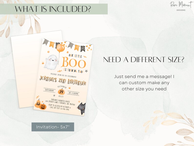 May include: A printable 5x7 inch invitation for a child's second birthday party. The invitation features a cartoon ghost with a balloon, a pumpkin, and a black cat. The text on the invitation reads "Our little Boo is turning two!" and "Jordan's 2nd Birthday!"