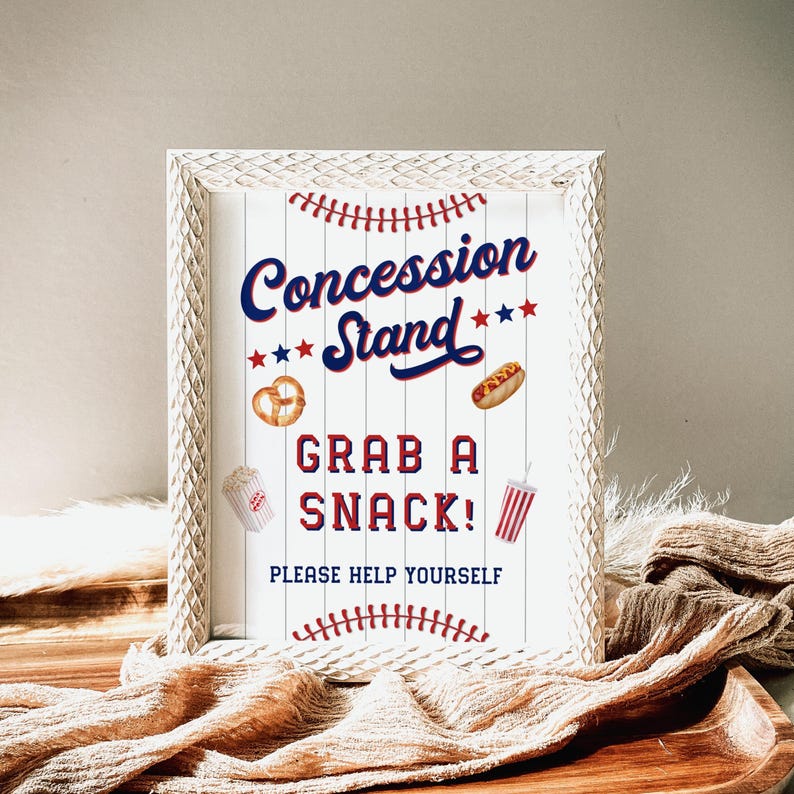 Cartello per il primo compleanno del principiante dell'anno, cartello per stand di concessioni, cartelli per tavoli per feste di compleanno a tema baseball, cartello stampabile per cibo e bevande da scaricare immagine 9
