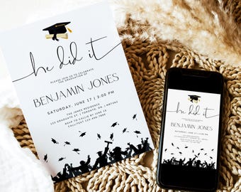 Graduation Invitation Template, Graduation Invitation 2026, Editable Graduation Party Invitation, He Did It Graduation Evite, Canva Download