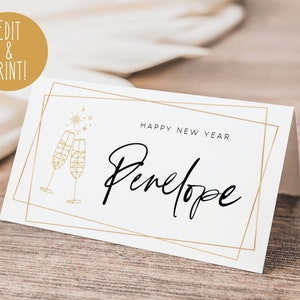 Tarjetas de nombre para Nochevieja, tarjetas de nombre editables para Año Nuevo, tarjetas de nombre imprimibles para Nochevieja 2025, tarjetas de nombre plegables blancas y doradas para hacer tú mismo