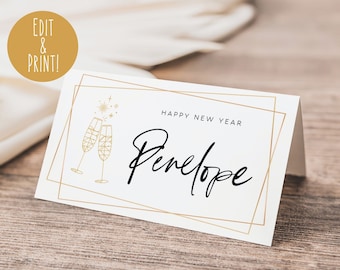 New Years Eve Name Cards, Editable Name Place Cards for New Year's, 2023 NYE Name Place Cards Printable, White & Gold Foldable Name Card DIY